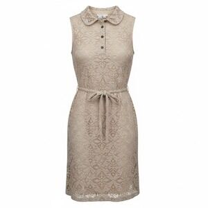 London Times Beige Crochet Lace Sleeveless Collared Dress Size 4 Belted Neutral‎